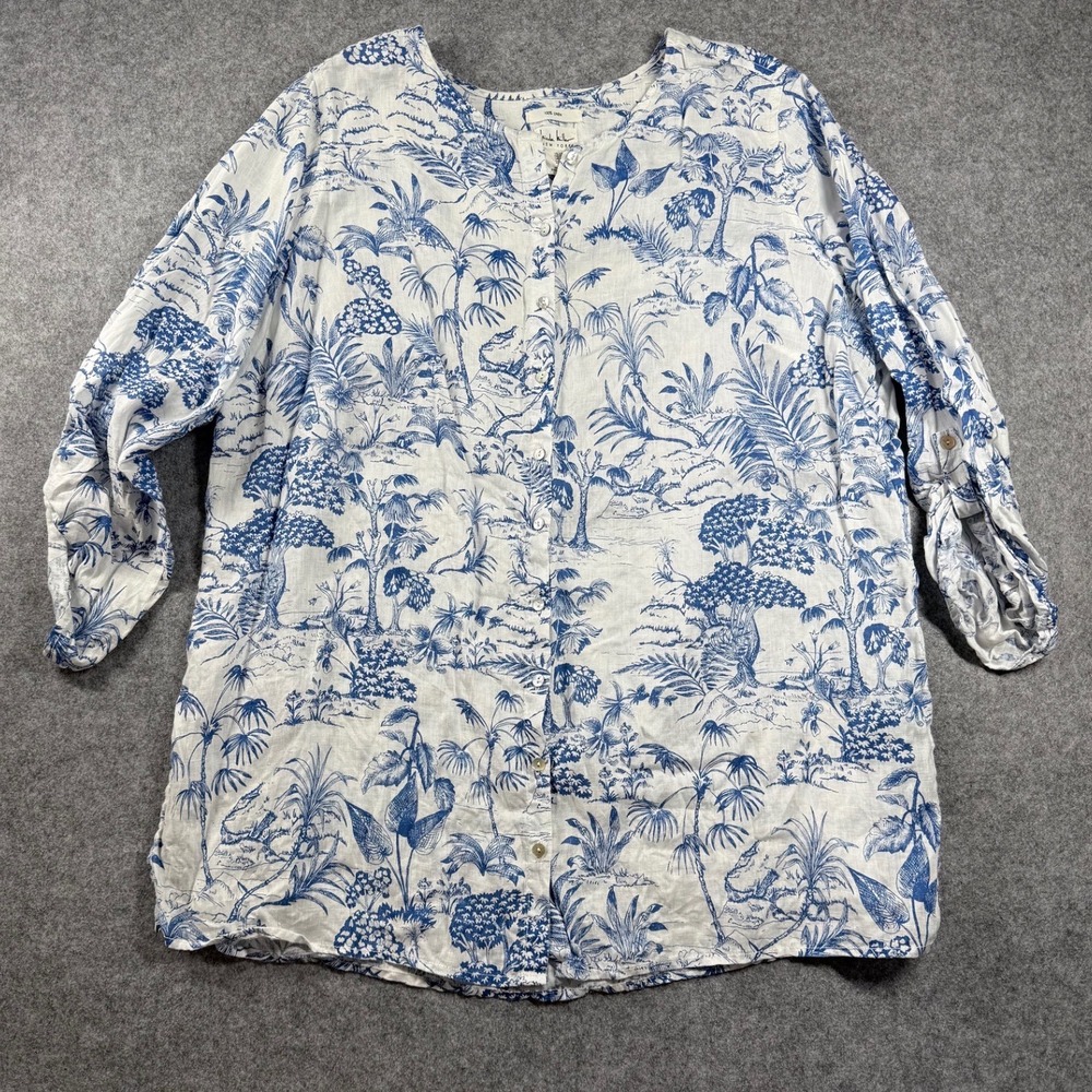 Nicole Miller New York Womens 1X Linen Tropical Toile Button Tunic Blouse Blue